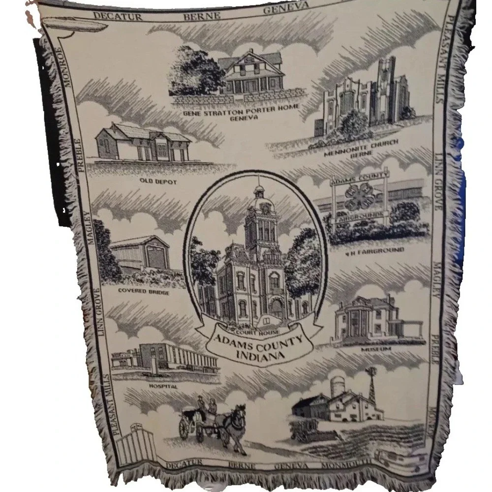 VTG Adams County Indiana Historic Landmarks Woven Coverlet Throw Blanket 48x60